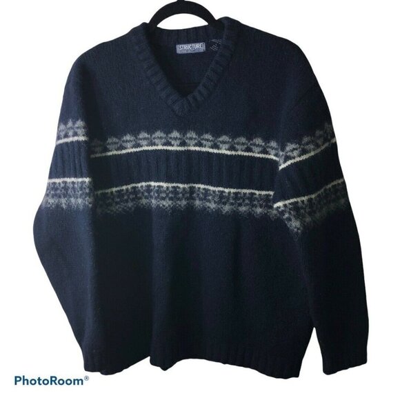 Vintage STRUCTURE Mens Shetland Wool Navy V-Neck Pullover Sweater Sz L - Picture 1 of 10